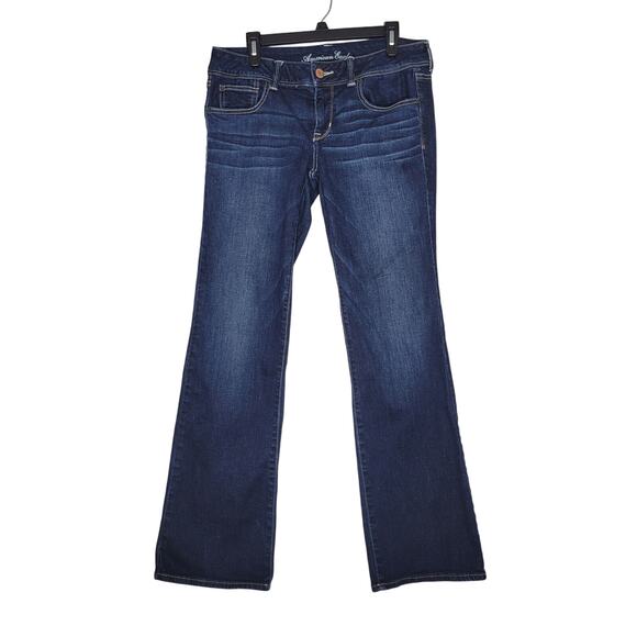 American Eagle Jeans Womens 12 Boot Cut Slim Low Rise Stretch Dark Wash 35x32 - Picture 1 of 5
